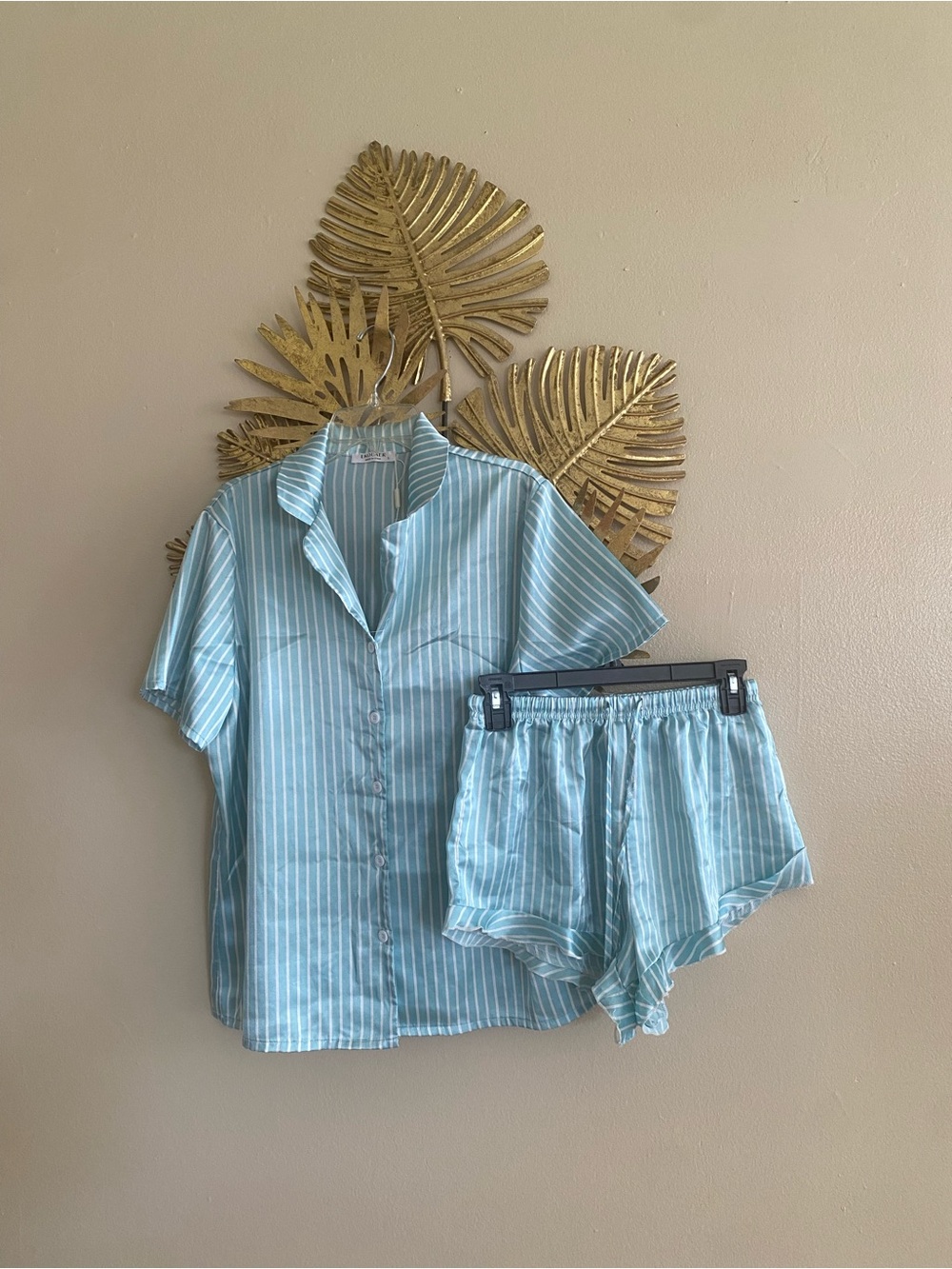 Women's Light Blue Striped Short Sleeve Pajama Set - Relaxed Shirt & Shorts
